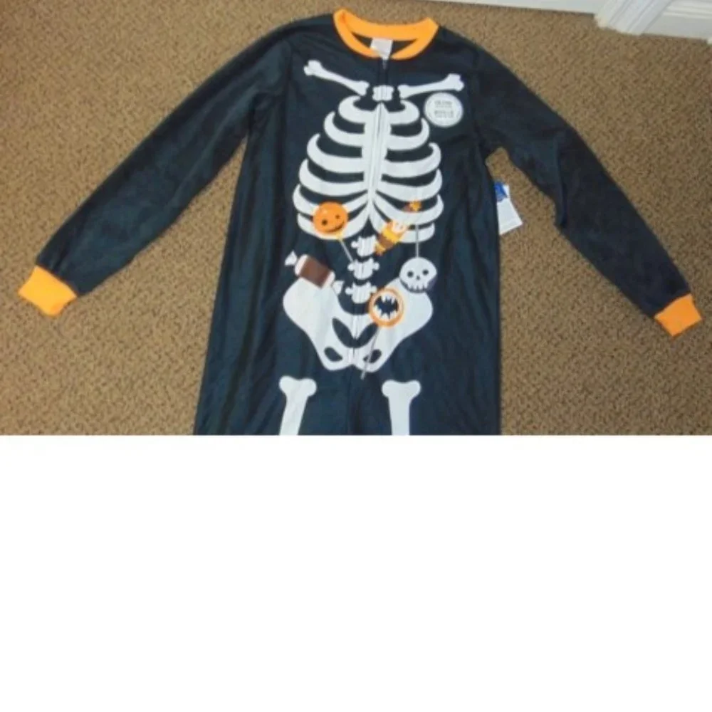 Skeleton 1 Pc Halloween Pajamas 8 Glow in Dark Black Fleece Zip Up Kids
